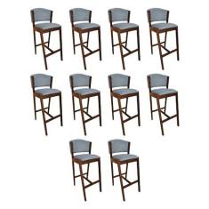 Imagem de Kit 10 Banquetas Alta De Madeira Maciça Mel Premium Ana Com Encosto Linho Cinza