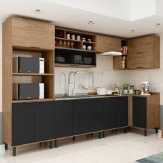 Imagem de Cozinha Modulada Toscana 7 Peças Mdf com Aéreo 1200 Porta de Vidro Basculante e Armários Canto Freijó/Nero