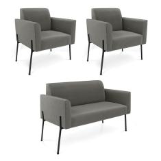 Imagem de Sofá Namoradeira E 2 Poltronas Pé De Ferro Preto Marisa Suede D03 - D`rossi Cor Grafite