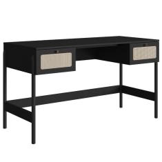 Imagem de Escrivaninha 2 Gavetas Oslo Artesano 139cm (largura) MDP Nero Palha Sintética Bege Pé Madeira Maciça