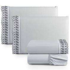 Imagem de Jogo De Lençol Casal 4 Peças Basic Percal 180 Fios Lese Bordado Inglês - Cinza