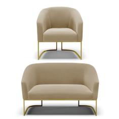 Imagem de Namoradeira E Poltrona Base Industrial Dourado Stella Suede D03 - D`rossi Cor Marrom Rato