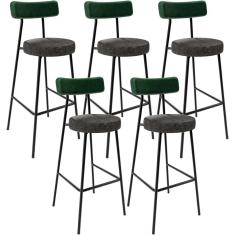 Imagem de Kit 05 Banquetas Alta Bar Cozinha Sala De Jantar Milão L02 Facto Verde Linho Chumbo - Lyam Decor