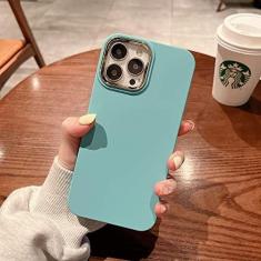 Imagem de Capa macia quadrada fosca de silicone líquido de luxo para iPhone 13 12 11 Pro Max XR XS X 7 8 Plus Chapeamento Anel de câmera Capa à prova de choque, ciano, para iPhone 11Pro Max