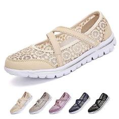 Imagem de Optigard Tênis feminino de malha de renda ajustável, respirável, plano, casual, antiderrapante, leve, confortável, sem cadarço, boca rasa, para mãe, enfermeira, trabalho, sapatos Mary Jane, Bege, 38