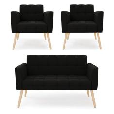 Imagem de Kit 1 Sofá Namoradeira E 2 Poltronas Elisa Suede Preto Pés Palito Natural - D`rossi