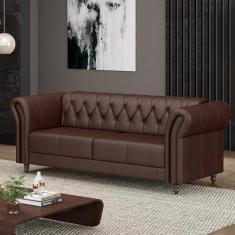 Imagem de Sofá Living Sala de Estar Stanford Chesterfield 2 Lugares 180cm Pés de Madeira Couro Marrom Brilho G58 - Gran Belo