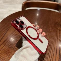 Imagem de Capa magnética revestida de luxo para iphone 13 12 11 14 pro max capa de carregamento sem fio capas de telefone transparentes à prova de choque, vermelho, para iphone 14 plus