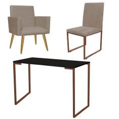 Imagem de Kit Escritório Stan Poltrona com Cadeira e Mesa Industrial Tampo Preto Bronze Corino Bege - Ahz Móveis