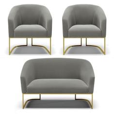 Imagem de Namoradeira E 2 Poltronas Base Industrial Dourado Stella Suede Grafite D03 - D`rossi