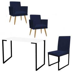 Imagem de Kit Escritório Stan 2 Poltronas Rodapé com Cadeira e Mesa Industrial Branco Preto Suede Azul Marinho - Ahz Móveis