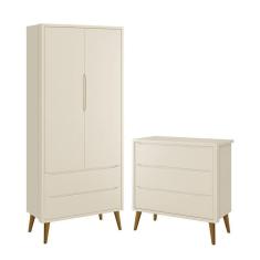 Imagem de Jogo de Quarto Infantil Theo Retrô Guarda Roupa 2 Portas e Cômoda com Pés Amadeirado - Reller Móveis