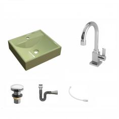 Imagem de Kit Cuba Q39 Com Torneira Luxo 1195 Metal E Válvula Click  1 Pol. 1/2 E Sifão Cromado E Flexivel Verde Acqua