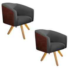 Imagem de Kit 02 Poltronas Luiza Base Giratória de Madeira Corano Nozes e Linho Chumbo - Amarena Móveis