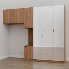 Imagem de Guarda Roupa Modulado de Solteiro com Espelho e Mesa de Cabeceira Direita 7 Portas 3 Peças Hera Cabe Louro/preto