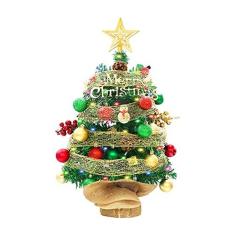 Imagem de Árvore de natal de mesa de com fita de bolas verdes vermelhas estrela superior mini árvore de natal artificial para mesa série clássica decoração de férias