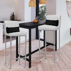 Imagem de Kit 02 Banqueta Alta com Encosto Lucca Industrial Cozinha Balcão Ferro Cinza Sintético Branco e Almofada Cinza - Ahazzo Móveis