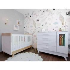 Imagem de Quarto de Bebê com Berço Cômoda com Janela e 2 Nichos 100% MDF Retrô Kakau Espresso Móveis Branco Brilho/Carvalho