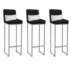 Imagem de Kit 03 Banqueta Alta com Encosto Lucca Industrial Cozinha Balcão Ferro Cinza Sintético Preto e Almofada Branco - Ahazzo Móveis