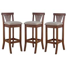 Imagem de Kit 3 Banquetas Alta Estofada Valentina 36 x 100 Cm Madeira Maciça Verniz Linho Bege M58 - RMI