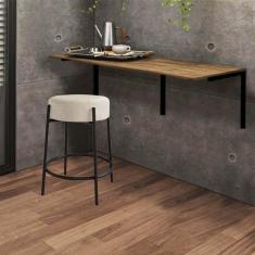 Imagem de Kit Mesa Suspensa de Parede Fixa MDF Castanho + 1 Banqueta Sintra Ferro Preto Linho Bege - Ahazzo Móveis