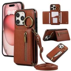Imagem de Suporte de cartão de anel crossbody com zíper capa de telefone carteira para iPhone 15 Pro Max 14 Plus 13 12 11 XS XR 7 8 SE 2020 2022 Capa de couro, café, para iPhone 11 Pro