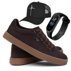 Imagem de Tênis Sapatênis Masculino Casual Solado Costurado Marrom + Relógio Led
