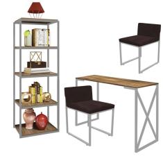 Imagem de Kit Escritório Bex 2 Cadeiras Sintético Marrom com 1 Mesa e 1 Livreiro Ferro Cinza MDF Carvalho - Ahazzo Móveis