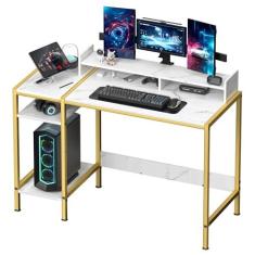 Imagem de GZSHIYITECH Mesa de jogos/computador de 128 cm, mesa de escritório em casa com suporte para monitor, mesa de escrita para 2 monitores, espaço de armazenamento ajustável, mesa pequena firme e prática,