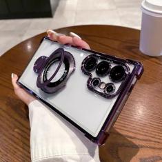 Imagem de Capa protetora magnética transparente galvanizada para Samsung Galaxy S24 S23 S23 Ultra Stand Quatro cantos Almofada de ar anti-queda, roxo escuro, S22Ultra