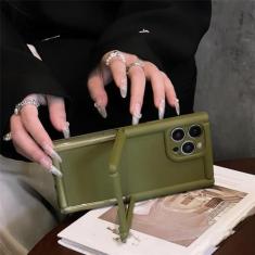 Imagem de Suporte quadrado de luxo com suporte de cor sólida capa de telefone com sensação de pele para iPhone 11 12 13 14 15 Pro Max Capa protetora de acrílico à prova de choque, verde, para iPhone 14Pro Max