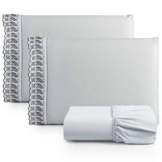 Imagem de Jogo De Lençol Queen 3 Peças Basic Percal 180 Fios Lese Bordado Inglês - Cinza