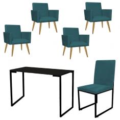 Imagem de Kit Escritório Stan 4 Poltronas com Cadeira e Mesa Industrial Tampo Preto Suede Azul Turquesa - Ahz Móveis