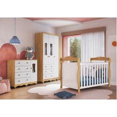 Imagem de Quarto de Bebê Completo Guarda-roupa Cômoda com Janelas e Berço 100% Mdf Aurora Espresso Móveis Branco Brilho/Amêndoa