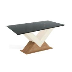 Imagem de Mesa De Sala Jantar Amora C/tampo Madeirado C/ Vidro 90x180cm Freijo/off White/preto Fosco/vidro