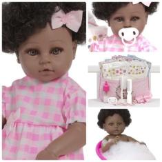 Imagem de Boneca Reborn Bebê Negra Fofinha Com Bolsa Kit Acessórios - Cegonha Re