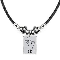 Imagem de DIYthinker Colar com padrão de gesto personalizado  OK joia torque pingente de corda de couro