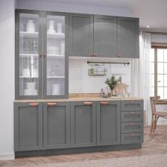 Imagem de Cozinha Modulada Compacta 4 Peças com Armário Aéreo 2 Portas Vidro Arizona Cabecasa Madeiramadeira Branco/cinza Claro