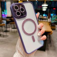 Imagem de Capa transparente de carga sem fio com glitter para iPhone 14 13 12 11 Pro Max 14 Plus Capa magnética de luxo, roxo escuro, para iPhone 13Pro