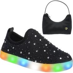 Imagem de Tênis Luzinha Led Calce Fácil Infantil Feminino com Bolsinha Preto - Club Happy-Feminino