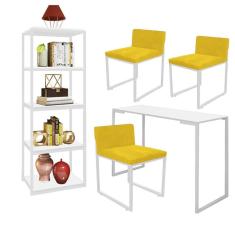 Imagem de Kit Escritório Ravi 3 Cadeiras Suede Amarelo com 1 Mesa e 1 Livreiro Ferro Branco MDF Branco - Ahazzo Móveis