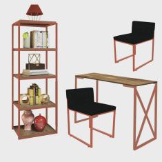 Imagem de Kit Escritório Bex 2 Cadeiras Sintético Preto com 1 Mesa e 1 Livreiro Ferro Bronze mdf Demolição - Ahazzo Móveis