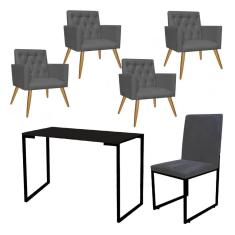Imagem de Kit Escritório Stan 4 Poltronas Capitonê com Cadeira e Mesa Industrial Tampo Preto Corino Cinza - Ahz Móveis