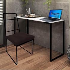 Imagem de Kit Escritório Stark Cadeira e Mesa Industrial Ferro Preto Tampo MDF Branco Suede Marrom - Ahz Móveis