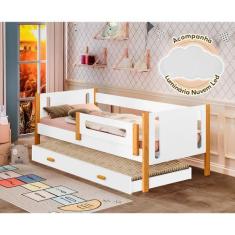 Imagem de Cama Solteiro Mirela C/ Cama Auxiliar Branco/Amêndoa Grade De Proteção