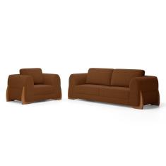 Imagem de Kit Poltrona E Sofá Bloom 160cm 02 Lugares Com Pés De Madeira Bouclê Terracota - Desk Design