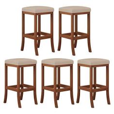 Imagem de Kit 5 Banquetas Média Estofada Barcelona 38x64Cm Bancada Madeira Maciça Castanho Suede Bege - CCS