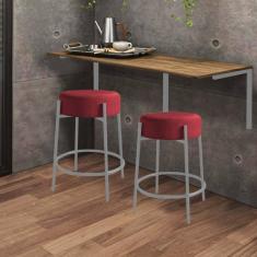 Imagem de Kit Mesa Suspensa de Parede Fixa MDF Castanho + 2 Banquetas Sintra Ferro Prata Corino Vermelho - Ahazzo Móveis