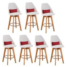 Imagem de Kit 07 Banquetas Alta Maya Giratória Com Encosto Linho Bege Claro e Almofada Corino Vermelho - Aurora Line