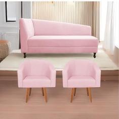 Imagem de Kit Diva Recamier Heitor 185cm Lado Direito e 02 Poltronas Luiza Suede Rosa bebê - Amarena Móveis